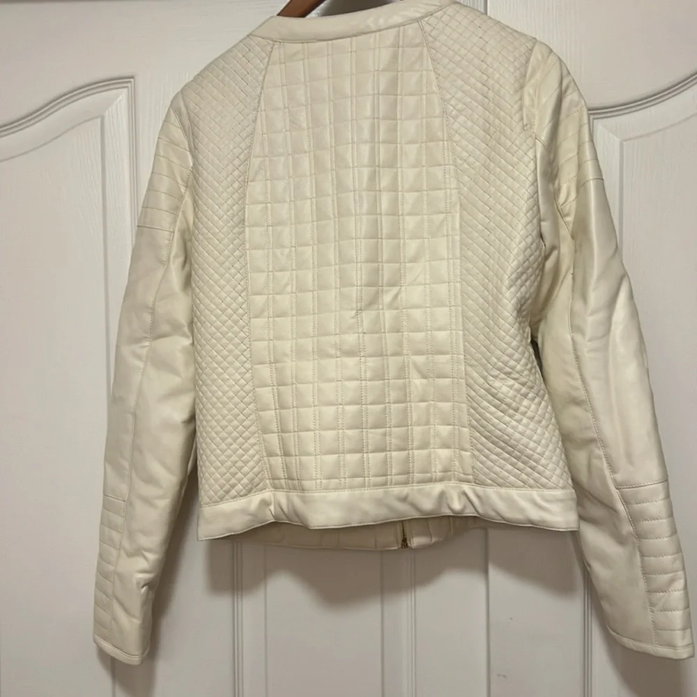 Bagatelle Faux Leather Lined Jacket Gold Accents Ivory Sz Med - Like New